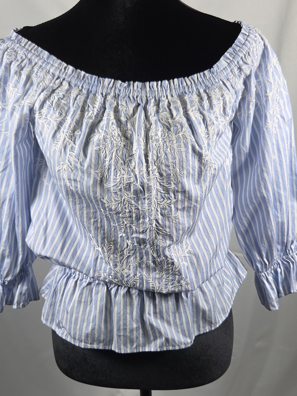 White House Black Market Blue and White Striped Off-Shoulder Embroidered Blouse